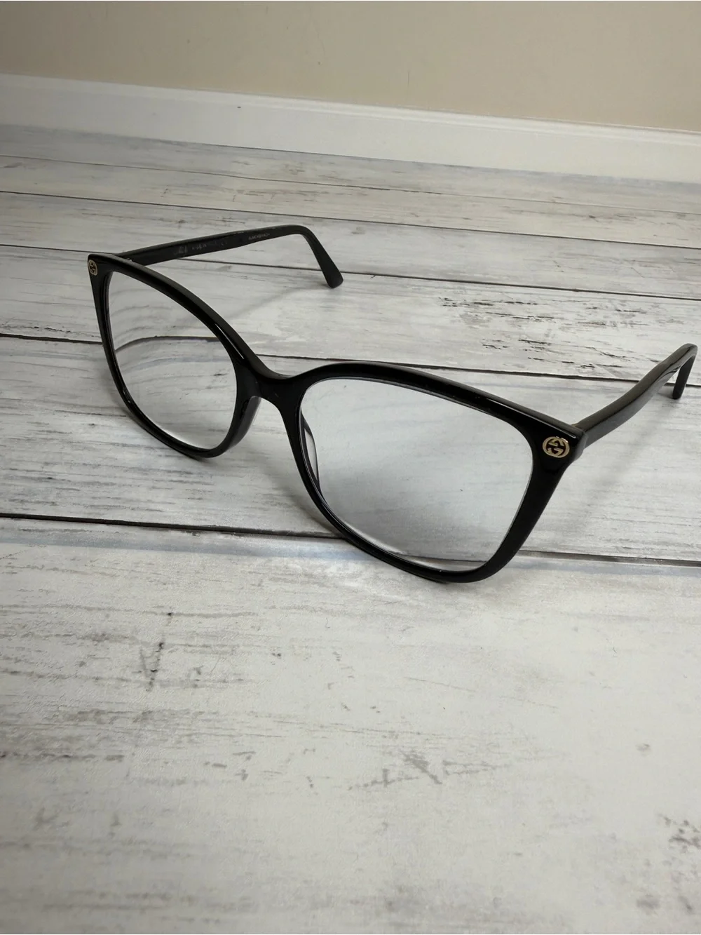 Gucci Black Cat-Eye Women’s Prescription Glasses with Gold GG Emblems